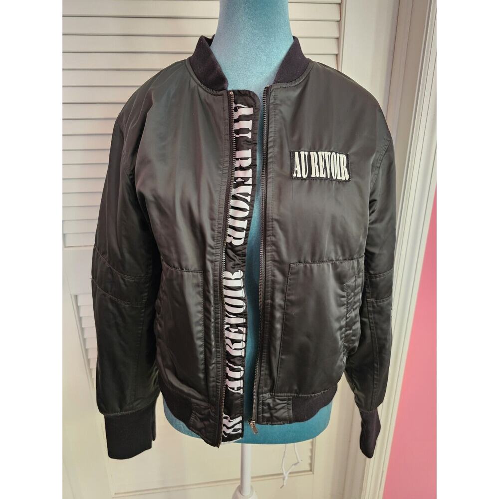 Forever 21 Bomber Jacket Full Zip Satin Long Sleeve Black Sz Large Until We Meet